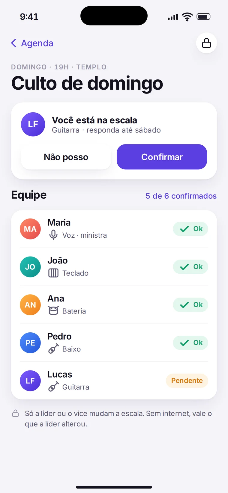 Escala do culto com os integrantes e confirmações da equipe